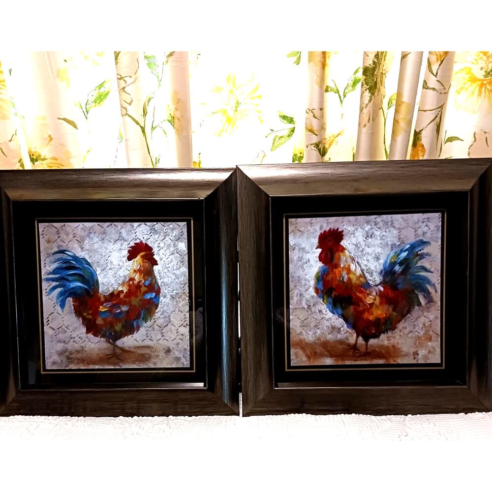 2 Rooster Abstract Art Prints Farmhouse Country Multicolor Framed Wall Décor